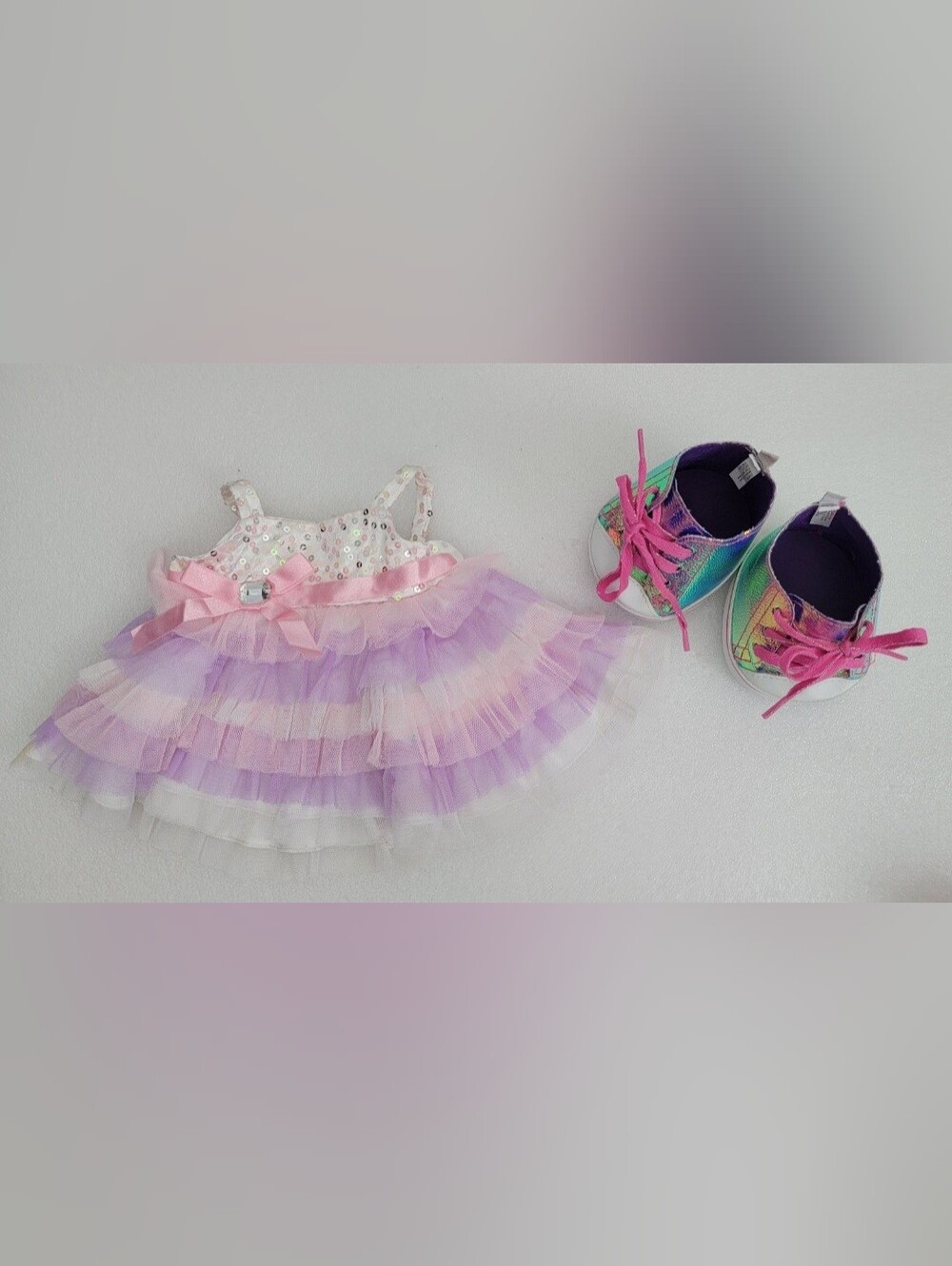 Build a Bear Sleeveless Ruffled Dress Pink Purple White & pair of tennis shoes